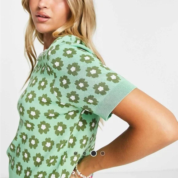 Green retro Floral Knit shirt/skirt set - Picture 3 of 12